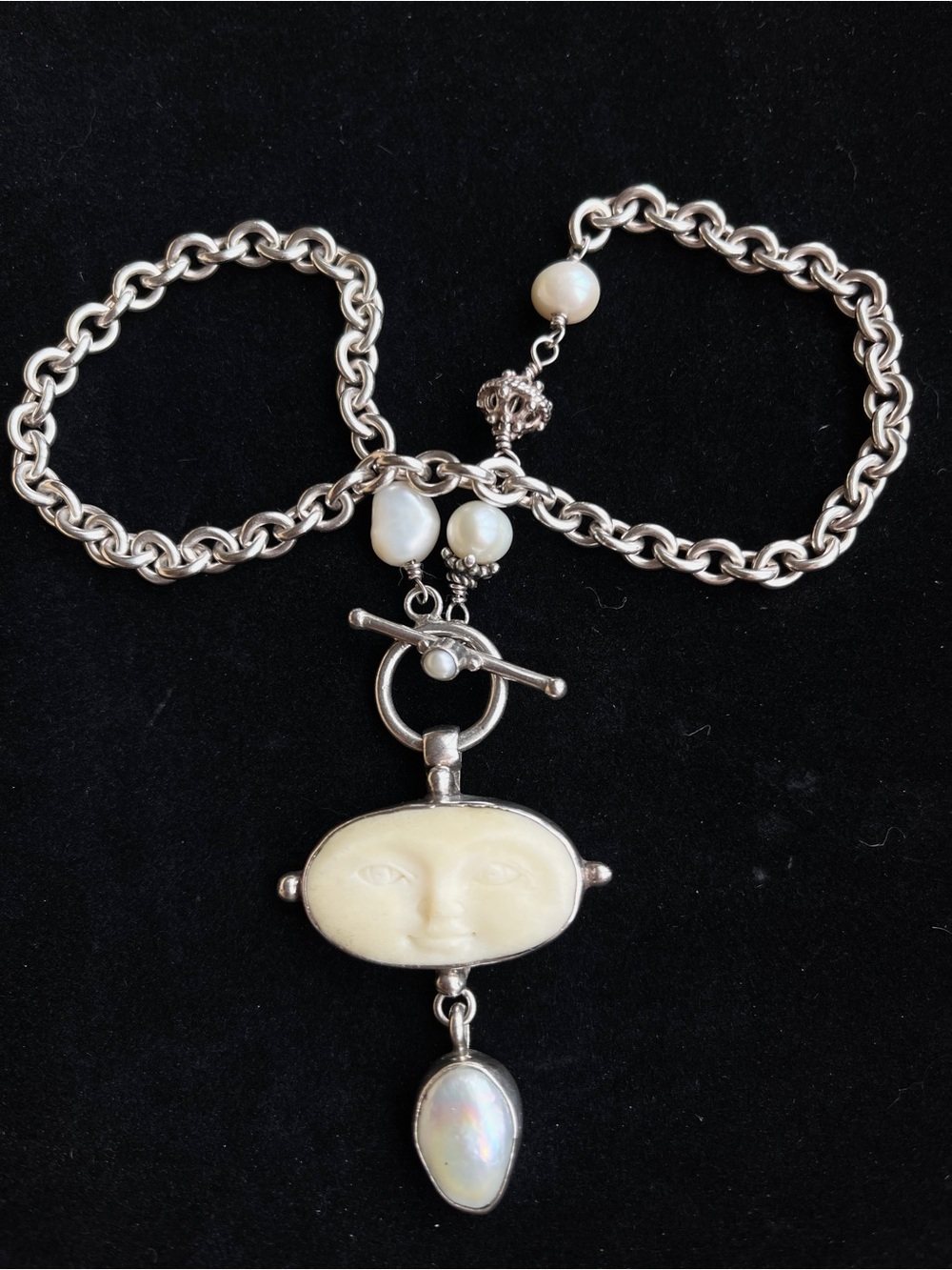 Vintage Handmade Glenda Greenberg Sterling Silver 925 Carved Moon Face Necklace - Picture 2 of 9